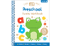 Children's preschool workbook featuring a frog illustration and letters.