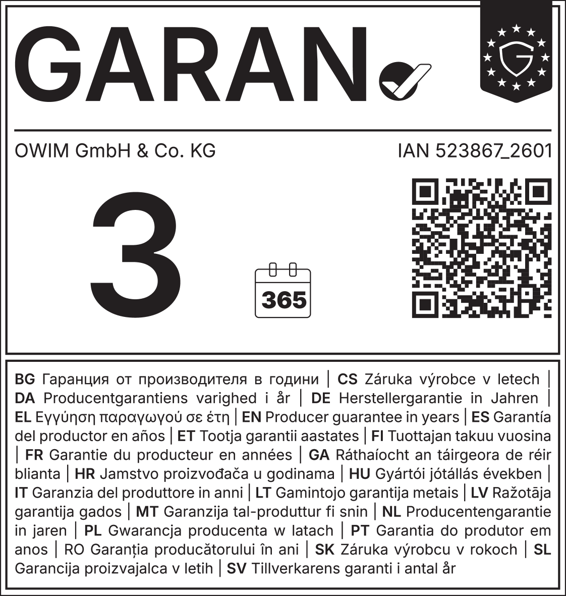 Producer guarantee: 3 years, 365 days. IAN 523867_2601.