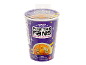 Purple noodle cup with a lid, depicting food and the text 'FOR THE FANS'.