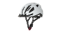 White cycling helmet with a visor and adjustable straps.