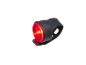 Red bicycle rear light with a black silicone strap, illuminated.