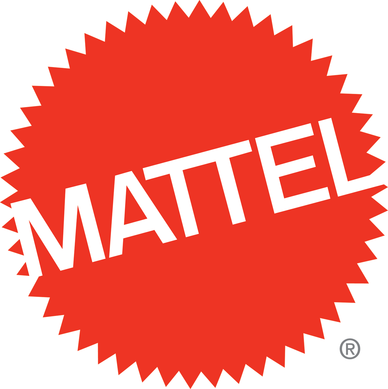 Red jagged seal with white text: MATTEL