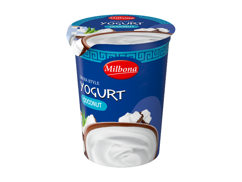 Milbona Greek style coconut yogurt in a tub.