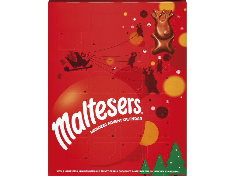 Red advent calendar with a reindeer and chocolates.