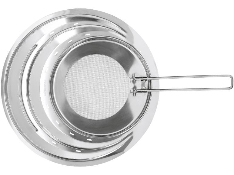 Stainless steel frying pan lid with handle and mesh.