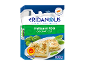 Packaging of halloumi with basil, showing the cheese on a plate with basil leaves.