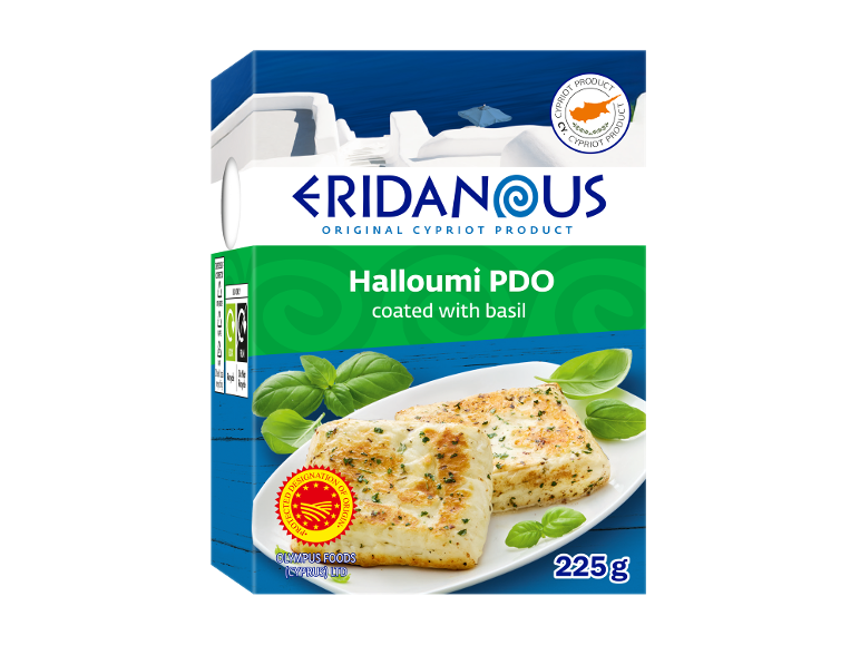 Packaging of halloumi with basil, showing the cheese on a plate with basil leaves.
