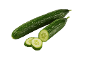 Two fresh green cucumbers, one whole and one sliced, on a black background.