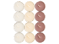 Twelve tea light candles in cream, beige, and brown colors, arranged in a grid on a black background.