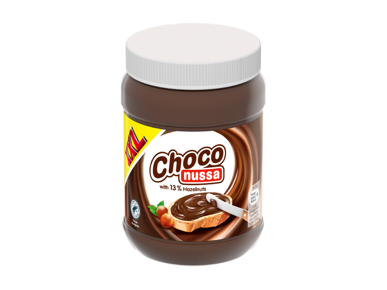 Chocolate hazelnut spread jar with a label showing spread on toast.