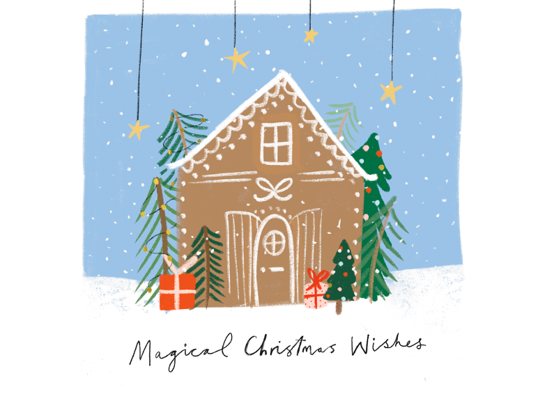 Christmas card featuring a gingerbread house, pine trees, and the text 'Magical Christmas Wishes'.
