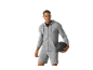 Man in grey hoodie and shorts, holding a medicine ball.