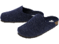 Navy felt slippers with a cork footbed and a black outsole.