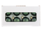 Eight matte and glossy green Christmas baubles in a white box.