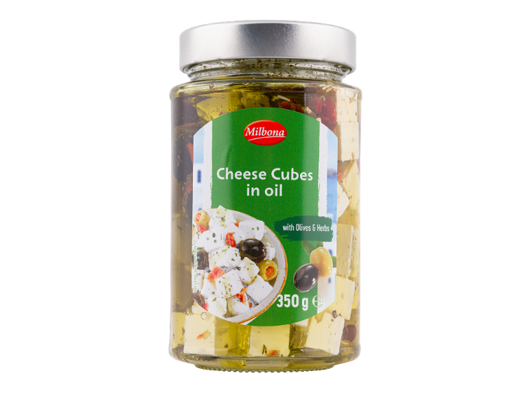 Cheese cubes in oil with olives and herbs, 350 g
