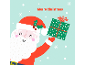 Santa Claus holding a gift on a light blue background with the text Merry Christmas