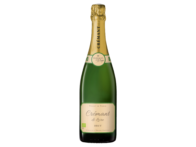 Bottle of Crémant de Loire Brut, product of France, appellation d'origine contrôlée.