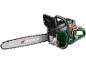 Chainsaw with a long blade and a green casing.