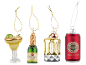 Christmas ornaments shaped as drinks: cocktail, champagne, beer, and a can with 'XMAS DELICIOUS CLASSIC'.