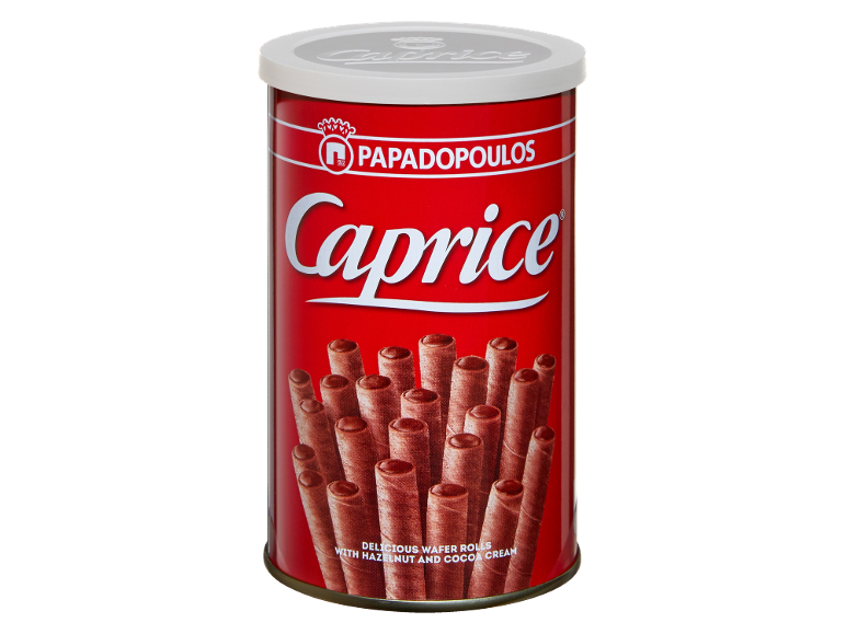 Red tin of wafer rolls with hazelnut and cocoa cream