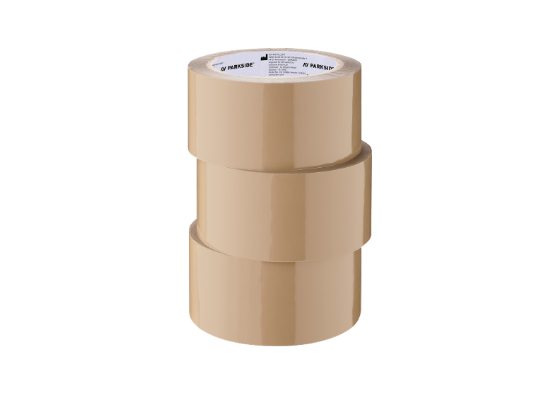Three rolls of brown packing tape stacked, with informational text on the top.