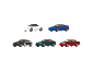 Six toy cars in various colors: white, blue, black, green, and red.