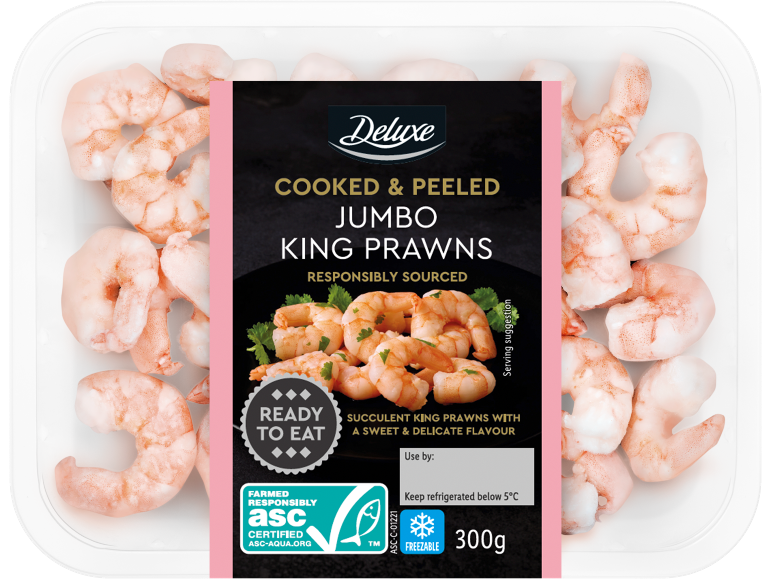 Deluxe cooked and peeled jumbo king prawns, 300g pack.