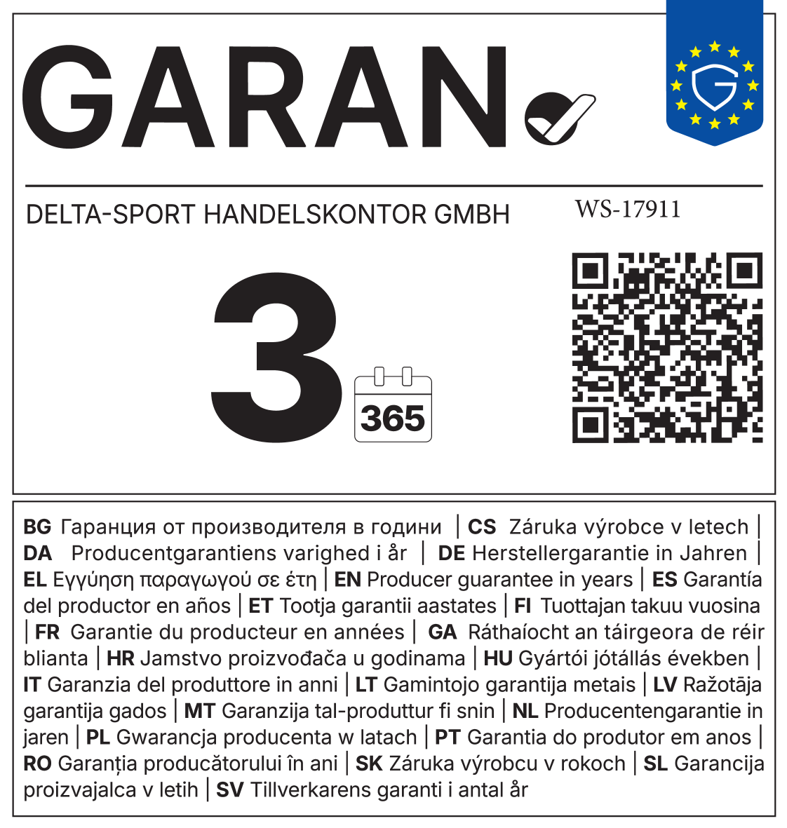 Guarantee 3 years (365 days), WS-17911