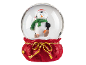 Snow globe with a penguin in a red bag with gold details.