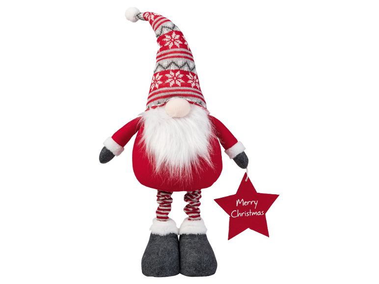 Christmas gnome with a red hat and white beard, holding a red star with 'Merry Christmas'.