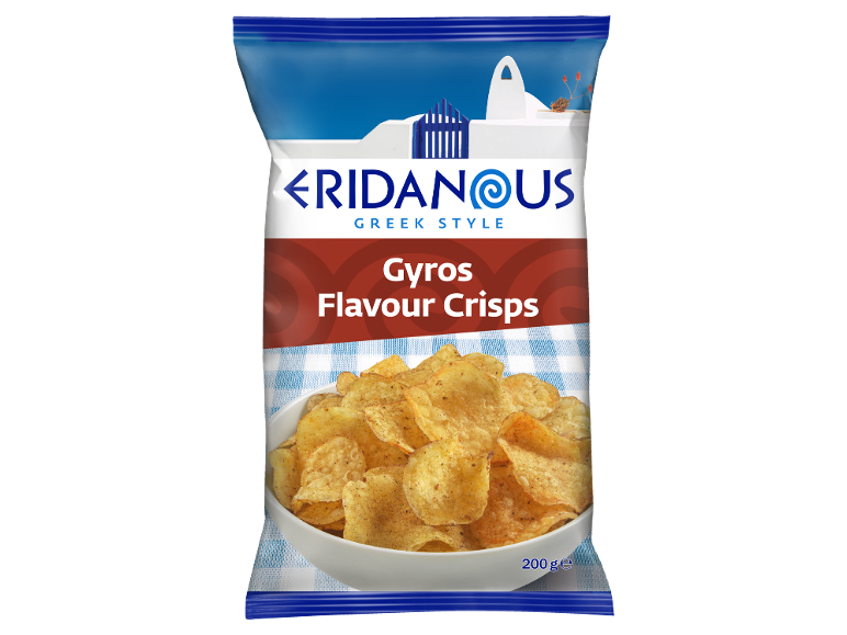 Gyros flavour crisps in a Greek-themed packaging.