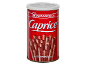 Red tin of wafer rolls with hazelnut and cocoa cream