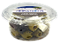 Kalamata and green olives without stones with feta in a transparent container, Greek style.