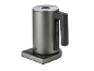 Anthracite grey electric kettle with temperature control base on a black background.