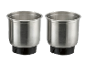 Two stainless steel measuring cups with minimum and maximum level markings