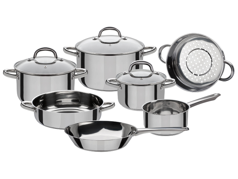 Stainless steel cooking pot and pan set with glass lids and a colander.