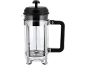 French press coffee maker with a glass carafe and stainless steel frame.