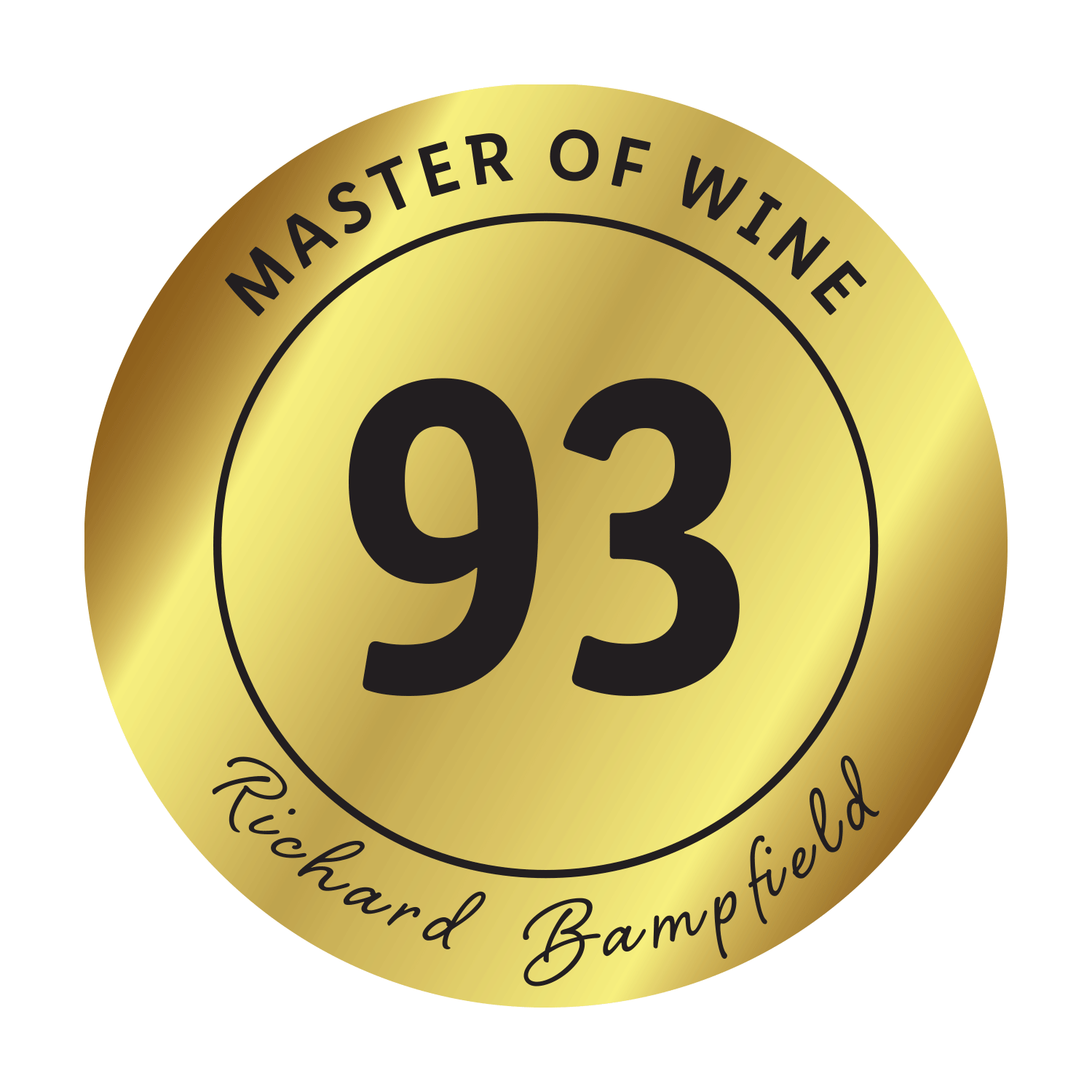 Gold seal with the text 'Master of Wine', score 93 and Richard Bampfield signature.