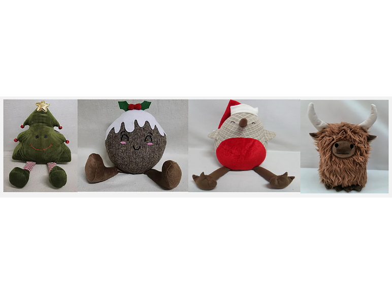 Festive Christmas plush toys shaped like a tree, pudding, robin, and highland cow.