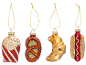 Christmas ornaments shaped like popcorn, pretzel, croissant, and hot dog.