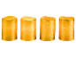 Four golden LED pillar candles with melted-look tops on a black background.