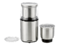 Stainless steel coffee and spice grinder with two containers and transparent lids.