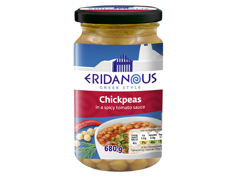 Jar of Greek-style chickpeas in spicy tomato sauce, 680g, with nutritional information.