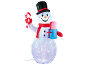 Inflatable snowman with top hat, red scarf, candy cane, and gift, illuminated with colorful lights.