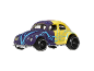 Purple and yellow toy car with blue lightning bolt details.