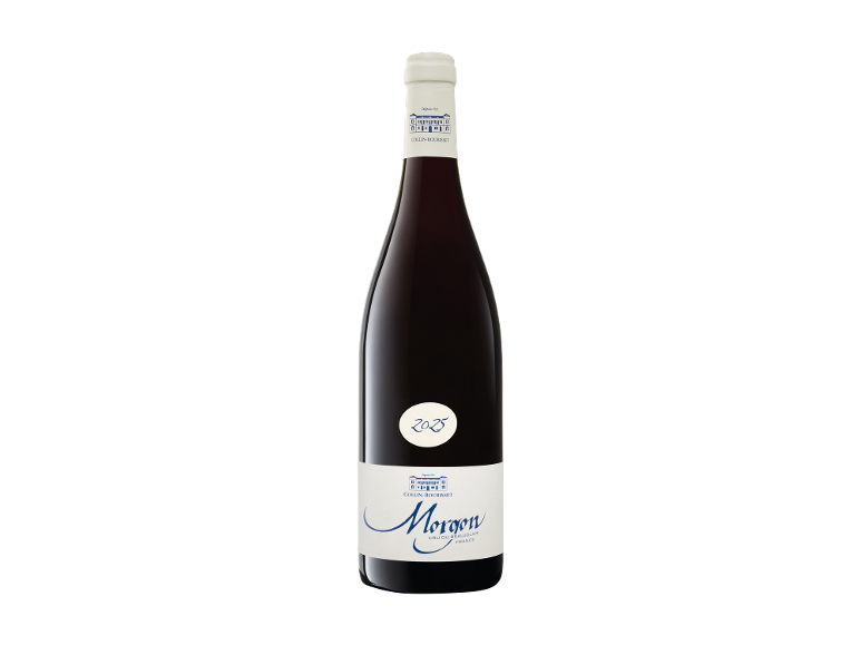Red wine bottle with a white label indicating 'Morgon' and the year '2025'.