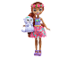 Doll with brown hair, floral headband, and purple dress, holding a purple otter.