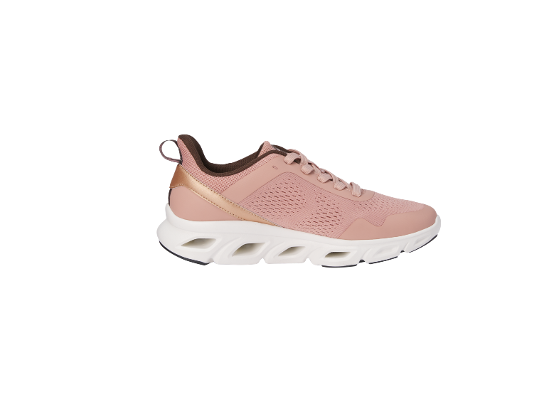 Women's pink sports shoes with gold details and a white sole.