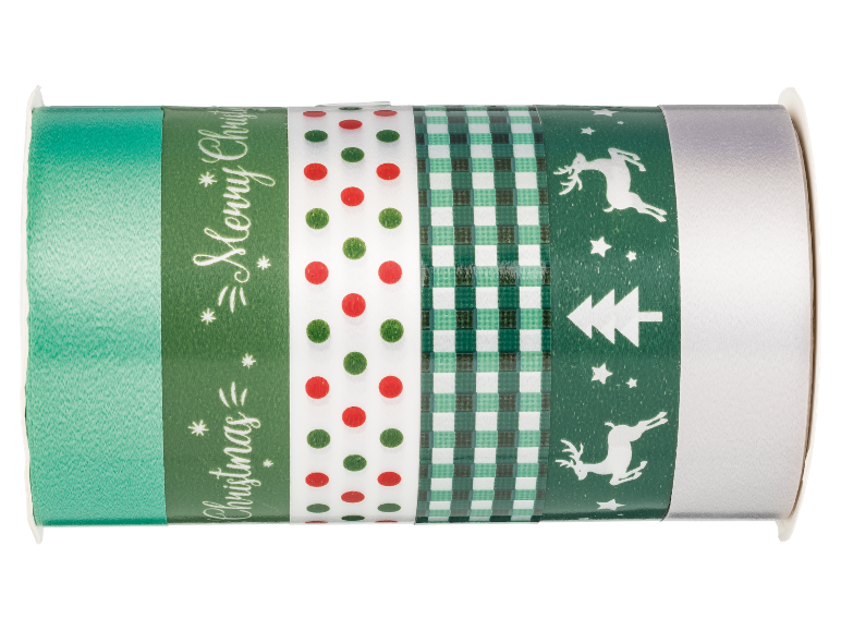 Christmas ribbons with 'Merry Christmas' text, polka dots, plaid, and reindeer.