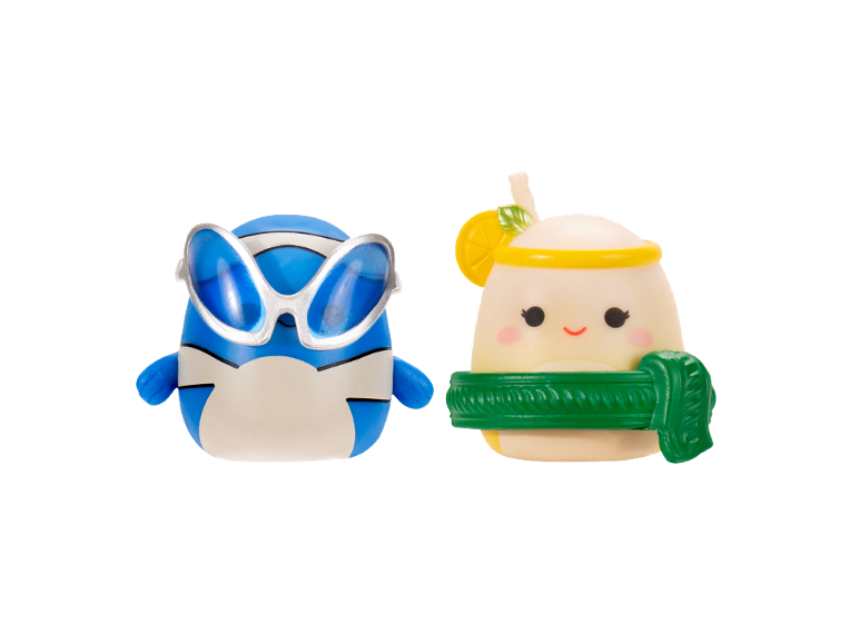 Two toy figurines: a blue one with sunglasses and a cream-colored one with a lemon.